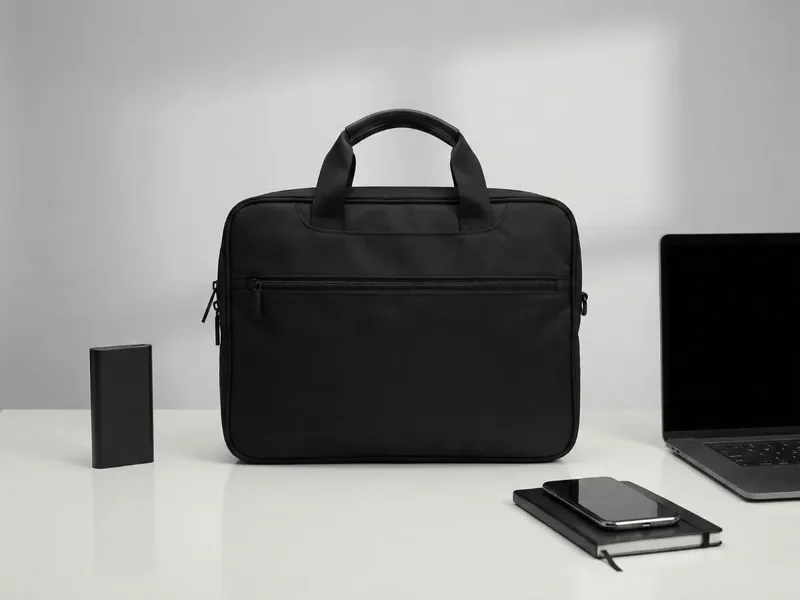 A black laptop briefcase beside a laptop and notebook