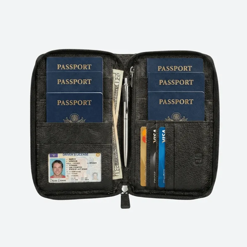 Family Passport Wallet in black leather, open, holding six passports