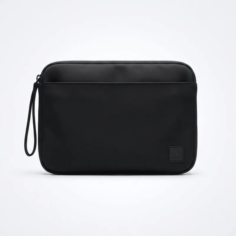 Black zipped travel pouch with wrist strap