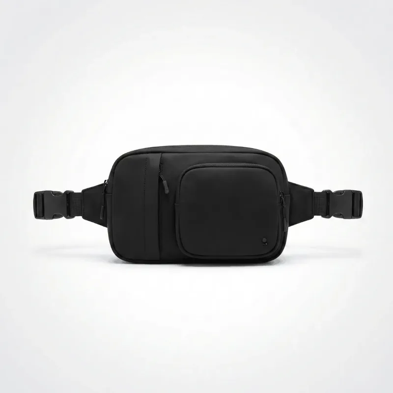Black multi-pocket waist bag with adjustable belt