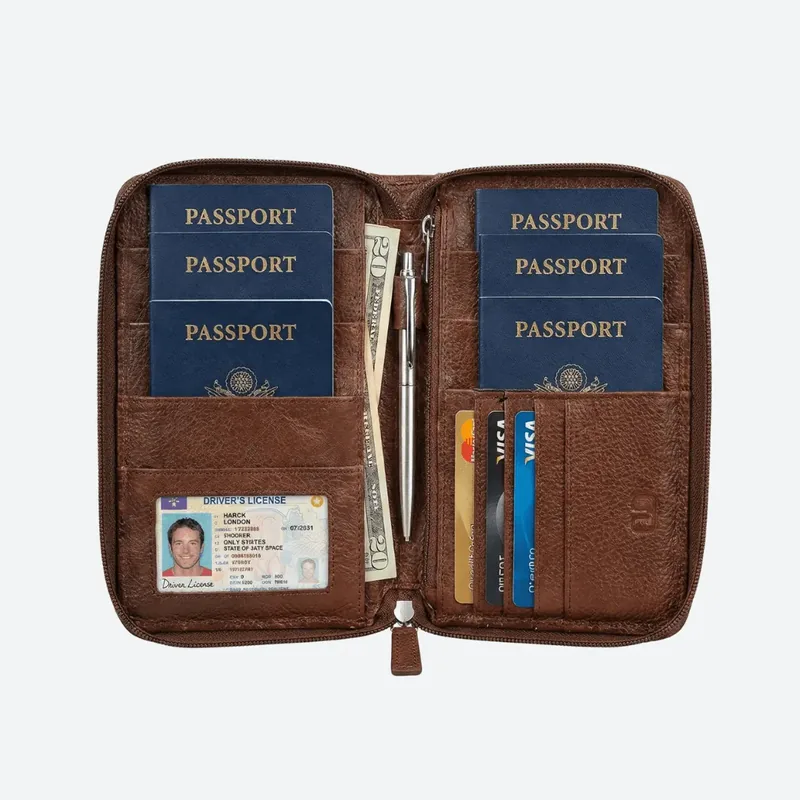Family Passport Wallet in Bombay Brown leather, open, holding six passports
