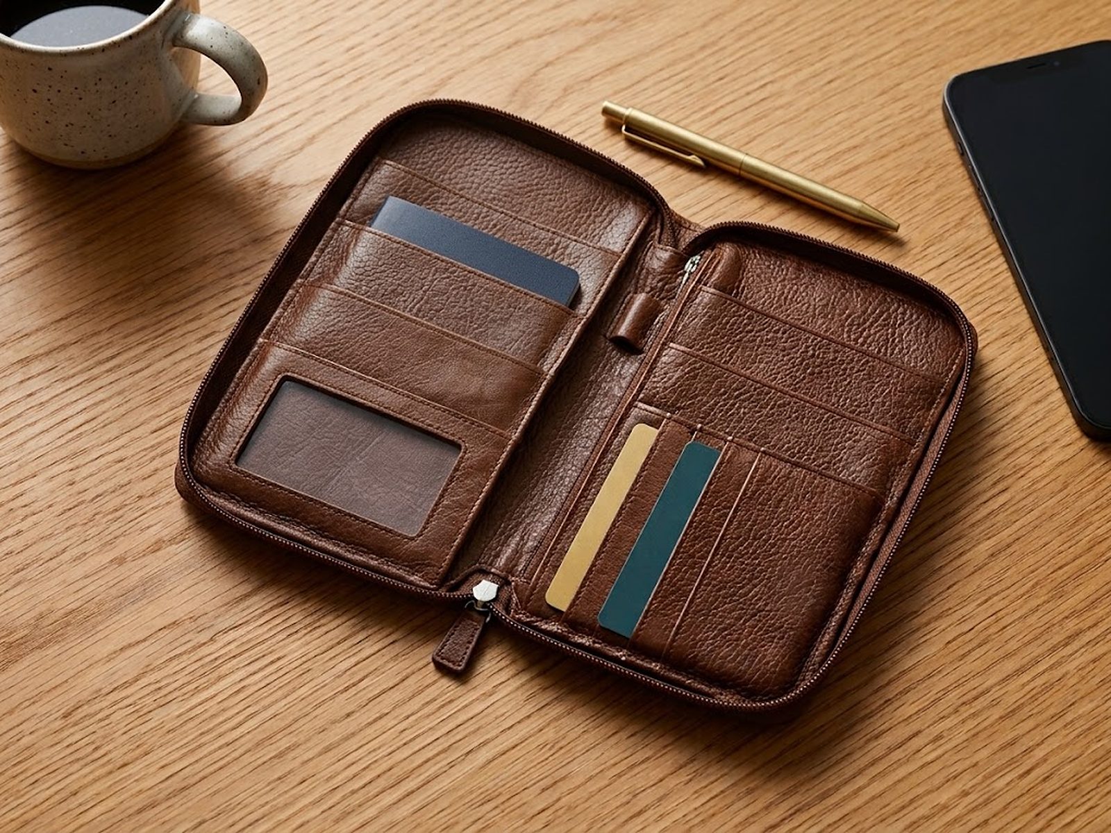 An open brown leather passport wallet on an oak desk with cards and a pen