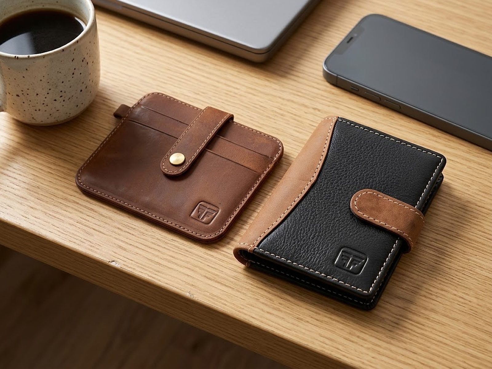 A black and tan bi-fold wallet and a brown leather card holder on an oak desk